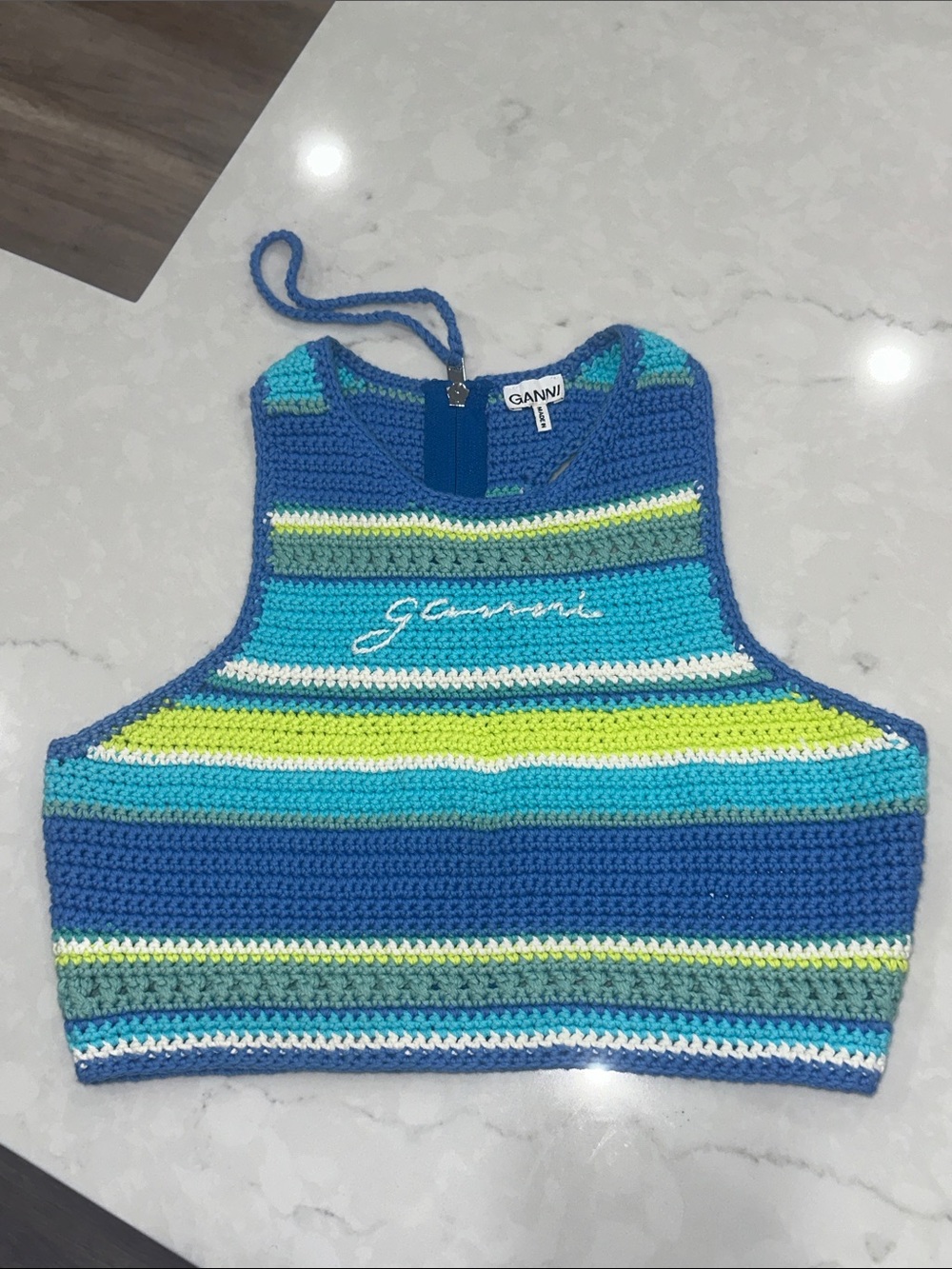 Ganni Striped Crocheted Crop Tank — Blue, Aqua & Lime racerback size 36